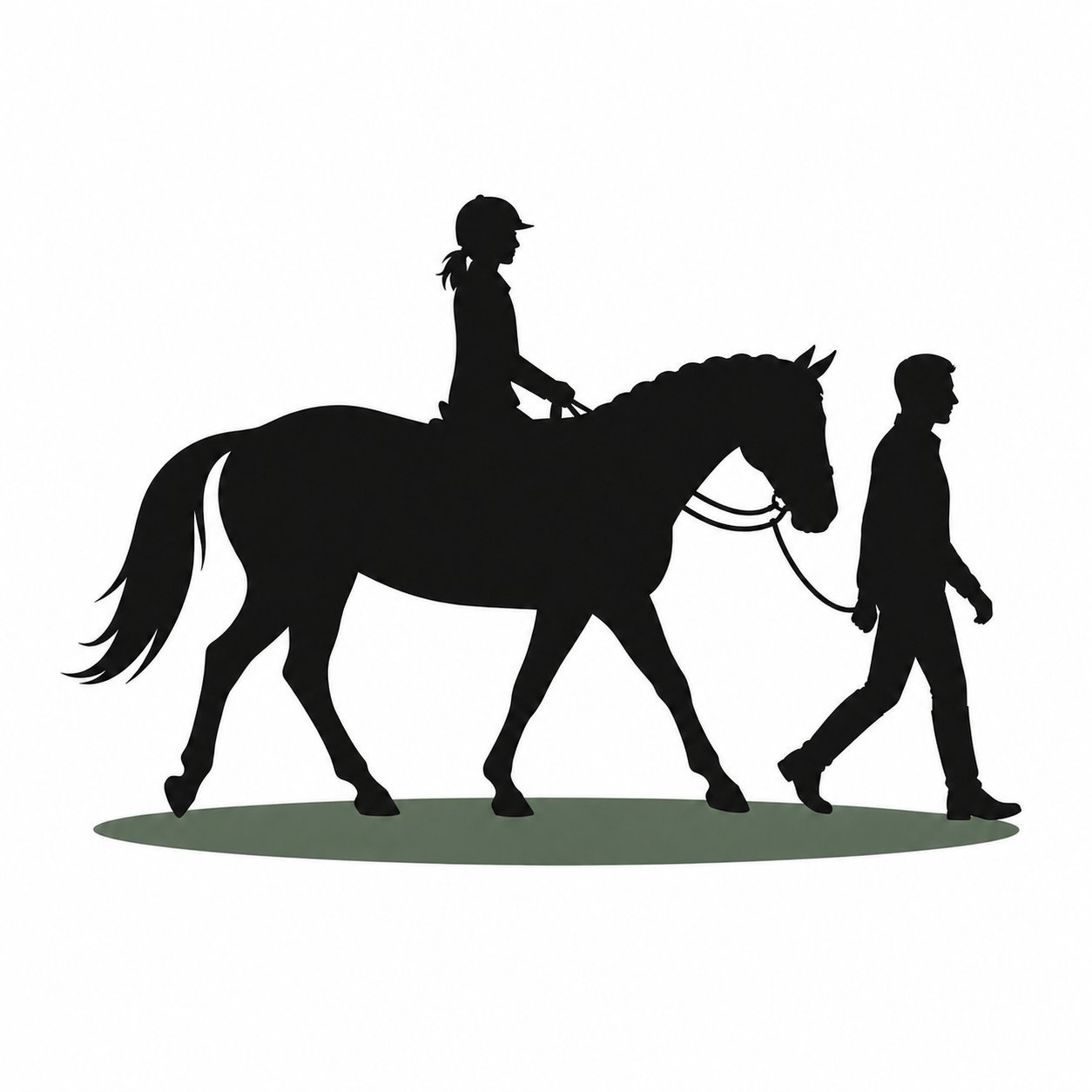Riding lessons icon — instructor leading horse with rider