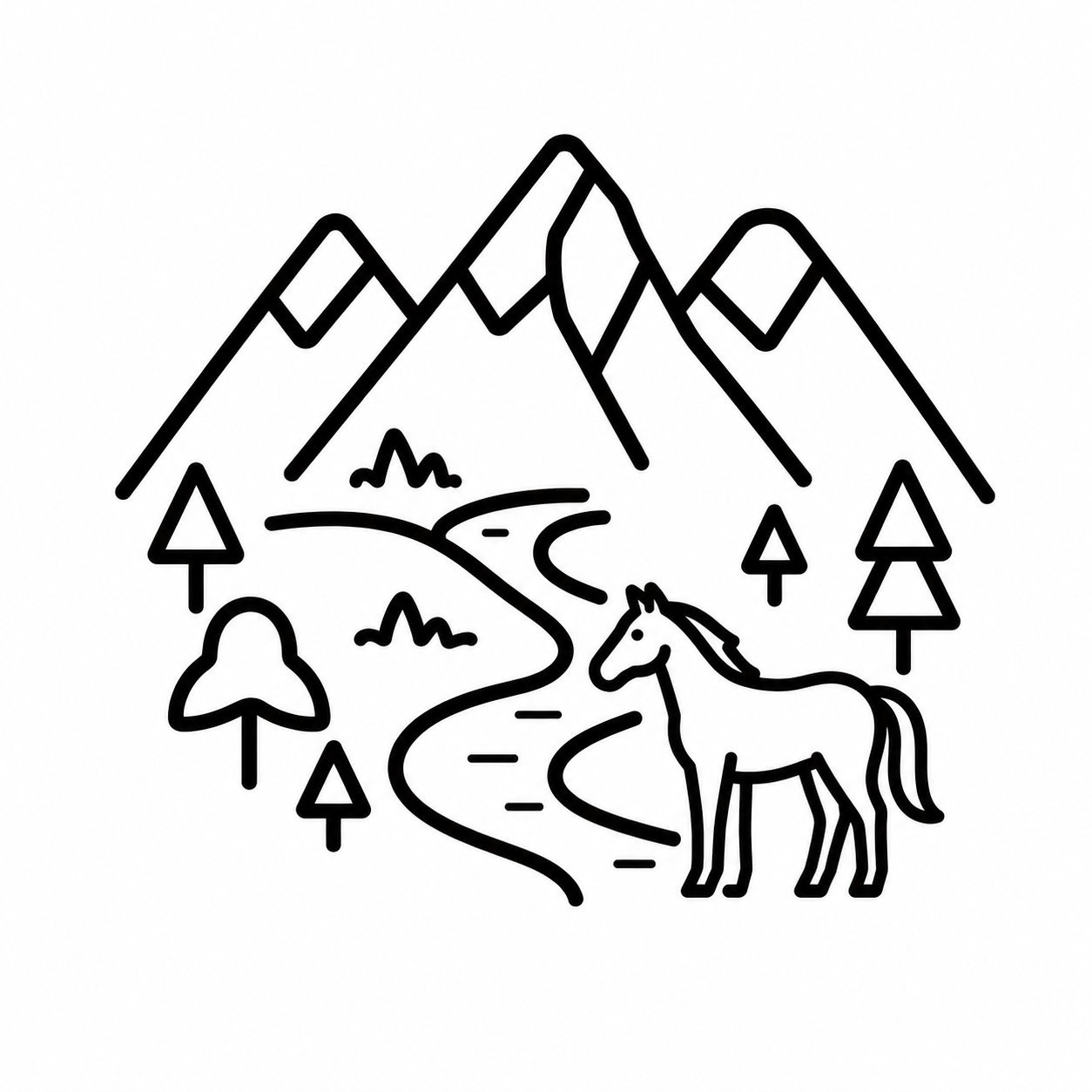 Scenic rides icon — mountains with horse and trail